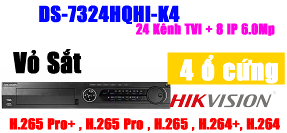 ĐẦU GHI HÌNH TVI, TURBO 4.0 4MP, 24 kênh Hikvision DS-7324HQHI-K4, Hỗ trợ gán thêm 8 camera IP 6Mp, vỏ sắt, H.265+, 4 ổ cứng , có cổng eSATA , cổng RS485 Keyboard