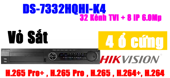 ĐẦU GHI HÌNH TVI, TURBO 4.0 4MP, 32 kênh Hikvision DS-7332HQHI-K4, Hỗ trợ gán thêm 8 camera IP 6Mp, vỏ sắt, H.265+, 4 ổ cứng , có cổng eSATA , cổng RS485 Keyboard