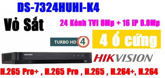 ĐẦU GHI HÌNH TVI, TURBO 4.0 8MP, 24 kênh Hikvision DS-7324HUHI-K4, Hỗ trợ gán thêm 16 camera IP 8Mp, vỏ sắt, H.265+, 4 ổ cứng