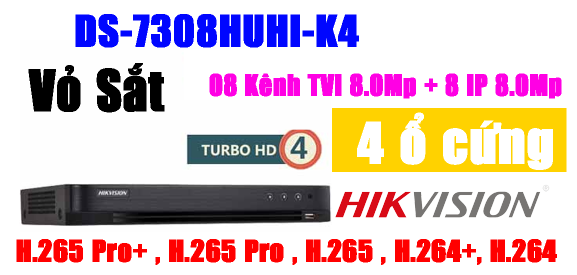 ĐẦU GHI HÌNH TVI, TURBO 4.0 8MP, 8 kênh Hikvision DS-7308HUHI-K4, Hỗ trợ gán thêm 8 camera IP 8Mp, vỏ sắt, H.265+, 4 ổ cứng
