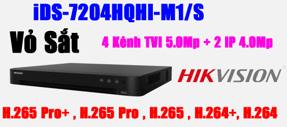 ĐẦU GHI HÌNH TVI, TURBO 5.0 5MP, 4 kênh Hikvision iDS-7204HQHI-M1/S, Hỗ trợ gán thêm 2 camera IP 4Mp, vỏ sắt, H.265 Pro+, 1 ổ cứng, dòng ACCUSENCE