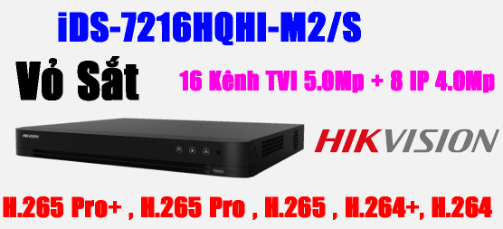 ĐẦU GHI HÌNH TVI, TURBO 5.0 5MP, 16 kênh Hikvision iDS-7216HQHI-M2/S, Hỗ trợ gán thêm 8 camera IP 4Mp, vỏ sắt, H.265 Pro+, 2 ổ cứng, dòng ACCUSENCE, VCA, tính năng phát hiện khuôn mặt