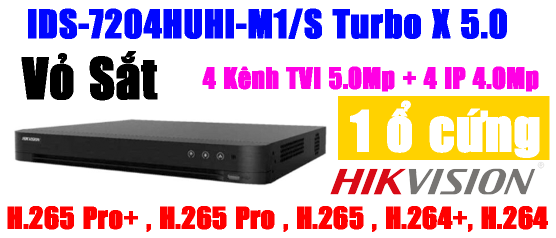 ĐẦU GHI HÌNH TVI, TURBO 5.0 5MP, 4 kênh HikvisionIDS-7204HUHI-M1/S, Hỗ trợ gán thêm 4 camera IP 4Mp, vỏ sắt, H.265 Pro+, 1 ổ cứng, dòng ACCUSENCE, VCA, tính năng phát hiện khuôn mặt