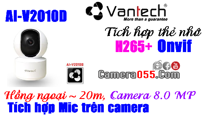 VANTECH AI-V2010D, camera wifi 8.0 Megapixel, H.265, hỗ trợ thẻ nhớ 128gb, Onvif