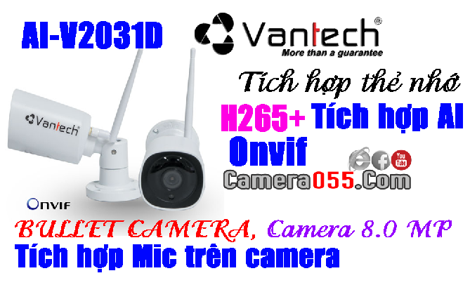 VANTECH AI-V2031D, camera wifi 8.0 Megapixel, H.265, hỗ trợ thẻ nhớ 128gb, Hỗ trợ đàm thoại 2 chiều, Tích hợp AI