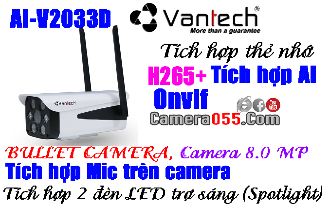 VANTECH AI-V2033D, camera wifi 8.0 Megapixel, H.265, hỗ trợ thẻ nhớ 128gb, Hỗ trợ đàm thoại 2 chiều, Tích hợp AI, Tích hợp 2 đèn LED trợ sáng (Spotlight)
