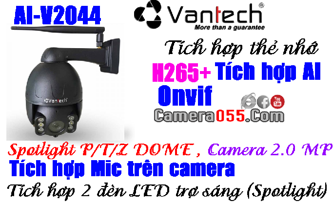 VANTECH AI-V2044, camera wifi 2.0 Megapixel, H.265, hỗ trợ thẻ nhớ 128gb, Hỗ trợ đàm thoại 2 chiều, Tích hợp AI, Tích hợp 2 đèn LED trợ sáng (Spotlight), vỏ kim loại