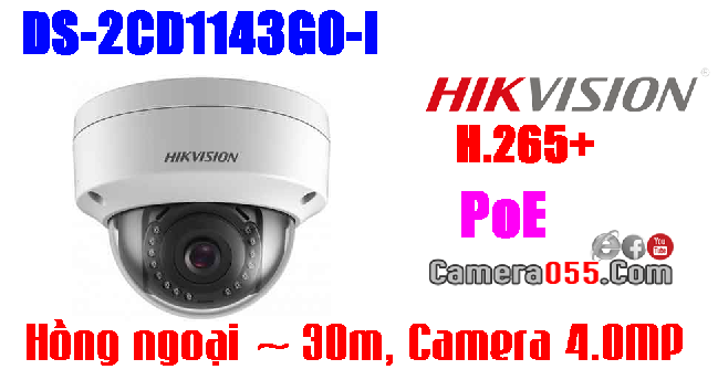 Hikvision DS-2CD1143G0-I, Camera IP, Dome 4.0 Megapixel,  CAMERA DÒNG 1- IPC  H265+