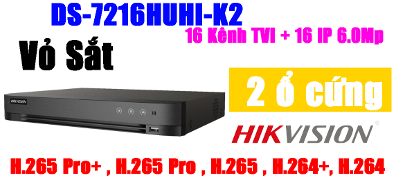 ĐẦU GHI HÌNH TVI, TURBO 4.0 5MP, 16 kênh Hikvision DS-7216HUHI-K2, Hỗ trợ gán thêm 16 camera IP 8Mp, vỏ sắt, H.265+, 2 ổ cứng