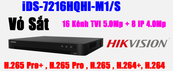 ĐẦU GHI HÌNH TVI, TURBO 5.0 5MP, 16 kênh Hikvision iDS-7216HQHI-M1/S, Hỗ trợ gán thêm 8 camera IP 4Mp, vỏ sắt, H.265 Pro+, 1 ổ cứng, dòng ACCUSENCE