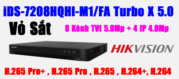 ĐẦU GHI HÌNH TVI, TURBO 5.0 5MP, 8 kênh Hikvision IDS-7208HQHI-M1/FA, Hỗ trợ gán thêm 4 camera IP 4Mp, vỏ sắt, H.265 Pro+, 1 ổ cứng, dòng ACCUSENCE, VCA, tính năng phát hiện khuôn mặt