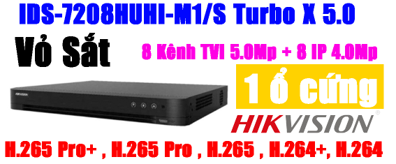ĐẦU GHI HÌNH TVI, TURBO 5.0 5MP, 8 kênh Hikvision IDS-7208HUHI-M2/S, Hỗ trợ gán thêm 8 camera IP 4Mp, vỏ sắt, H.265 Pro+, 1 ổ cứng, dòng ACCUSENCE, VCA, tính năng phát hiện khuôn mặt