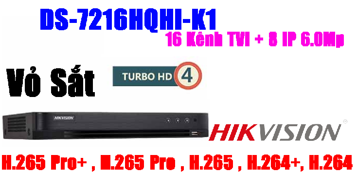 ĐẦU GHI HÌNH TVI, TURBO 4.0 4MP, 8 kênh Hikvision DS-7208HQHI-K2, Hỗ trợ gán thêm 8 camera IP 6Mp, vỏ sắt, H.265+, 02 ổ cứng