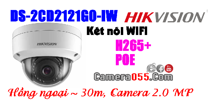 Hikvision DS-2CD2121G0-IW, Camera 2.0MP, CHUẨN NÉN H265+, hỗ trợ thẻ nhớ 128gb, kết nối wifi, phát hiện chuyển động, phát hiện video giả mạo