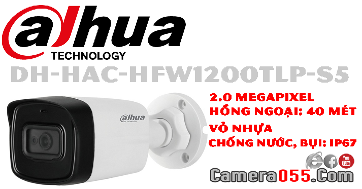 Camera DAHUA DH-HAC-HFW1200TLP-S5, 2.0 Megapixel, Camera 4 in 1,  hồng ngoại tầm 40met, vỏ nhựa