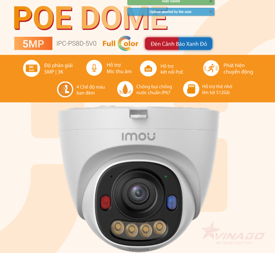 Camera IMOU IPC-PS8D-5V0 PoE Dome 5MP, Tích hợp Mic ghi âm, Màu ban đêm, đèn xanh đỏ, hỗ trợ thẻ nhớ tới 512G  #cameraimou #cameraimouranger2pro #imoua32pro #cameraimouquangngai